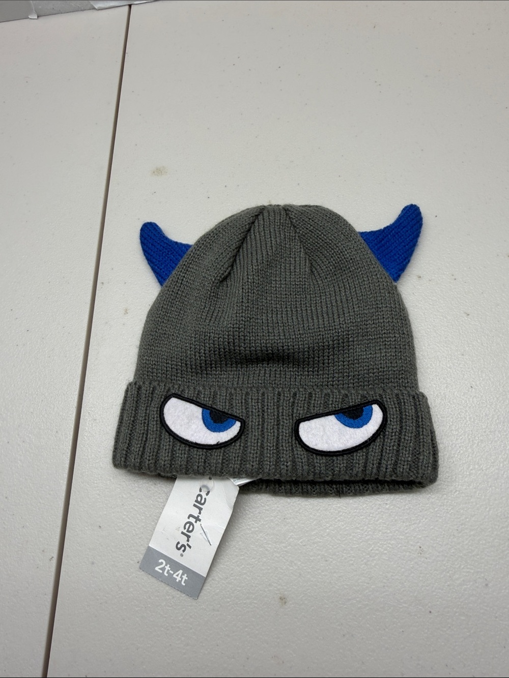 Carter's Gray Monster Beanie with Blue Horns and Eyes. NWT